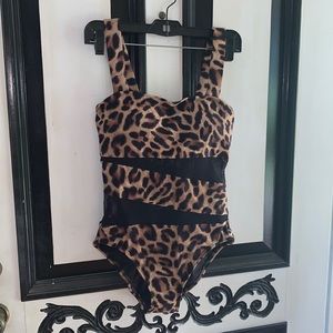 NWT Carmen Marc Valvo Black Mesh & Leopard one-piece swimsuit